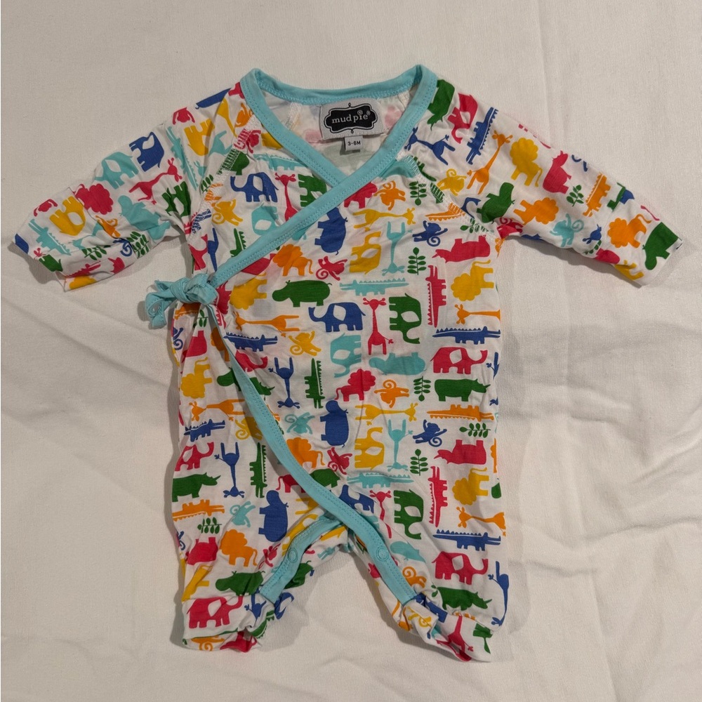 Mud Pie White Baby Wrap with side tie with Multicolor Animal Print